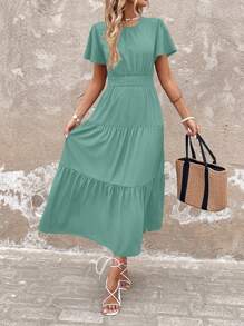 SHEIN LUNE 女士休闲纯色喇叭袖连衣裙，适合春夏季度假和日常穿着