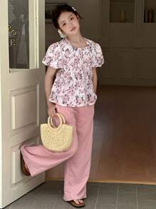 DAZY Tween Girls Floral Print Ruffle Top And Pants 2 Pieces Casual Set - Pink - View 4