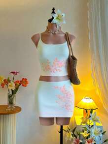 SHEIN SXY 2pcs/Set Women Camisole Top And Mini Skirt - Blue - View 7