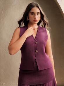 Anewsta مجموعة بقطعتين للنساء تشمل كنزة صوفية قميص بأزرار معدنية وتنورة - عنابي اللون - مشاهدة 3