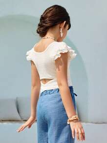 SHEIN Holiday,Summer,Travel  Tween Girls Textured Knit Short Sleeve T-Shirt With Crossback Design, Slim Fit, Casual For Vacation, Daily School Wear, Suitable For Summer - White - View 3