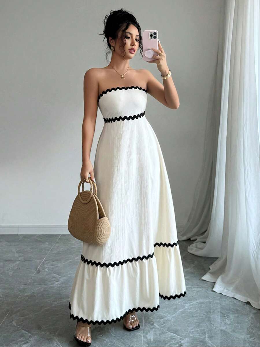 Chiquease 女士优雅花卉蕾丝拼布无袖摆裙，适合度假穿着 - 杏色 - 查看 1