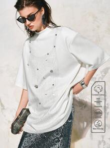 Arave 女式白色超大艺术印花垫肩3D花朵亮片上衣，女式宽松上衣，女士度假装，女士夏装，女士夏装，短款上衣，外出上衣 - 白色 - 查看 1