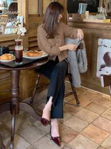 DAZY Blusa blanca de mujer con cuello en V, manga farol y volantes en el borde, top de manga larga para primavera/otoño - Caqui - Ver 2