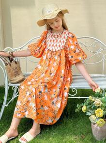 LMoss Kids Robe ajustée à col rond et manches bouffantes avec motif floral ditsy pour jeune fille - Orange - Voir 5