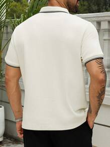 Manfinity Homme 菱形纹理针织面料夏季高端休闲男士 Polo 衫，适合外出和日常穿着，经典米色 T 恤，采用轻盈优雅的面料制成，时尚百搭，是送给男朋友或丈夫的理想礼物，加大码 - 杏色 - 查看 2