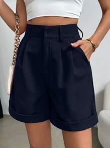 Celisse Women's Pleated Solid Color High Waist Casual Shorts For Summer - Navy Blue - View 3