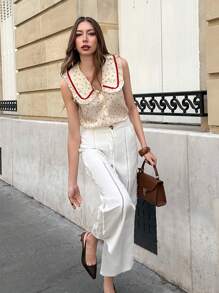 Pariaura Blusa sin mangas con cuello Peter Pan y estampado floral elegante, apropiada para uso diario y fiestas - Blanco - Ver 4