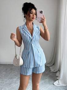 Elenzga 女士条纹无袖短款休闲两件套 - 藍色 - 查看 4