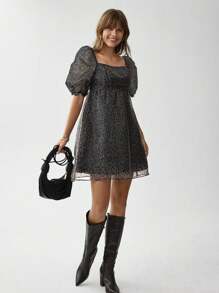 Wildy Vestido corto romántico de malla transparente con mangas abullonadas, estampado de leopardo, estilo casual, americano, occidental, para resort de verano
