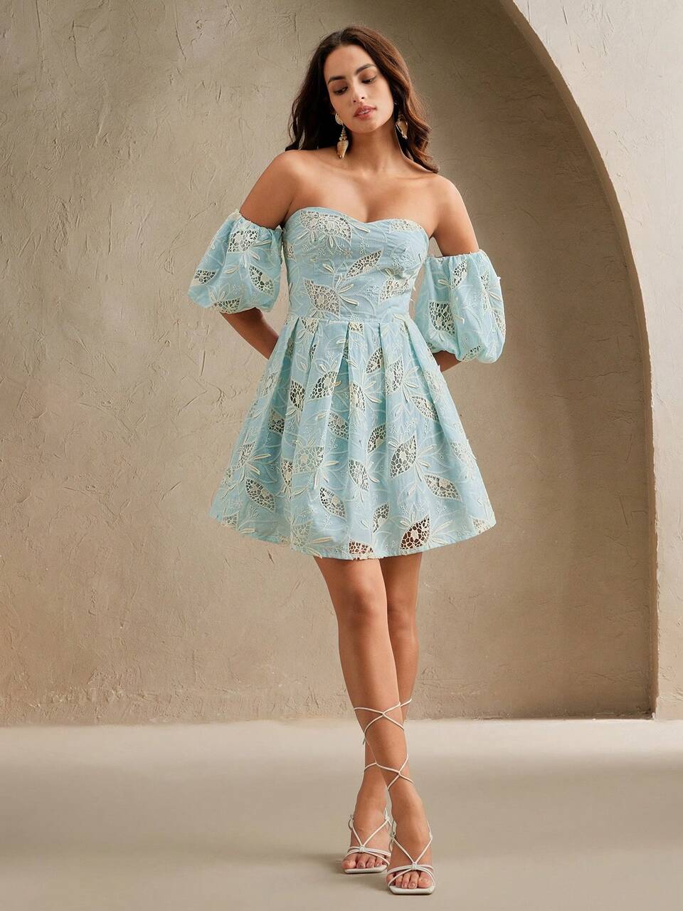 Elegant Music Festival Embroidered Lace Colorblocked Hollow Out Fitted Short Dress For Women