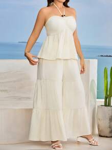 Breezaya Mono de 2 piezas de pierna ancha con hombros abiertos y volantes en unicolor, con cordón, talla grande, romántico y favorecedor para vestir casual de playa y vacaciones de verano