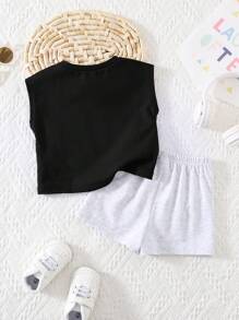 SHEIN 2 Stück/Set Baby Jungen süßer vielseitiger Lässig Koreanischer Stil schwarzes Top mit Buchstaben Grafik & Shorts Set, Sommer - Verschiedenfarbig - Übersicht 2