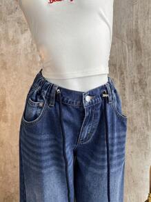 SHEIN EZwear Quần Jeans Ống Rộng Lưng Thấp Màu Xanh Dương Cho Nữ - Màu xanh lam - Xem 5
