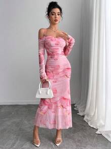 SHEIN PETITE Đầm ôm body tay dài in họa tiết hoa màu hồng hở vai cho nữ - Hồng - Xem 3