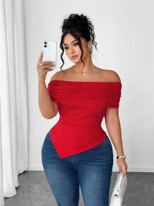 Elenzga Camiseta ajustada con cuello descubierto, volantes y bajo asimétrico para mujer de talla grande