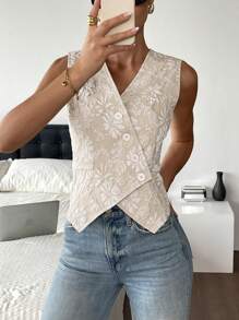 Serisse Áo vest thời trang đơn hàng khuy đơn dệt hoa jacquard dành cho nữ - Màu be - Xem 5