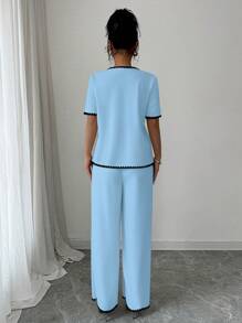 Elenzga 2pcs/Set Women Short Sleeve Top With Ruffle Trim & Pants - Blue - View 2