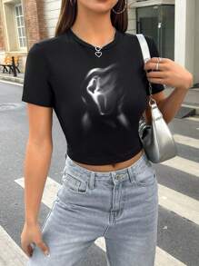 Muchica Blurred Skull Graphic Round Neck Short Sleeve Casual Slim Fit Cotton T-Shirt For Women