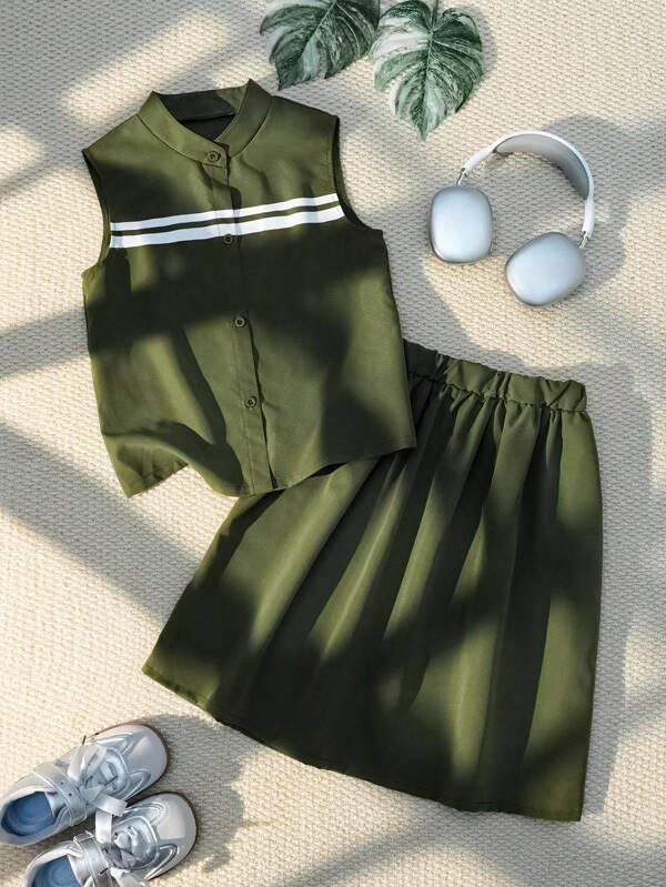 SHEIN Explorewe 2 Pcs Tween Girls Fashion Stand Collar Sleeveless Top & Mini Skirt Outfit, Nature Themed, Suitable For Summer Outdoor Summer Clothes Set Girls Outfit Sets Two Pieces
