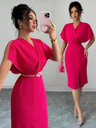 Elenzga Klänning i enfärgad midja i enfärgad A-linje, elegant design för daglig pendling, kortärmad