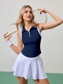 CourtClass Camisa polo deportiva para mujeres con cierre de cremallera, sin mangas y con media abertura