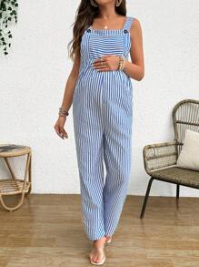 SHEIN Striped Long Square Neck Strap Jumpsuit With Pockets For Maternity - Blue - View 6