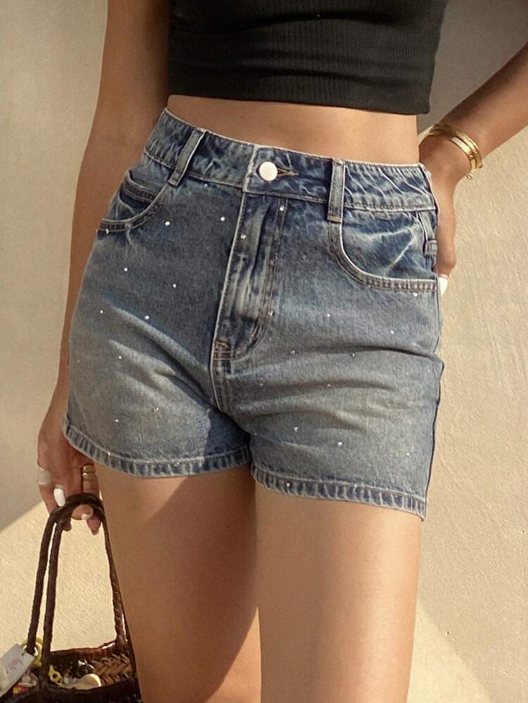 Women's Summer Rhinestone Decoration Super Mini Skirt, Slim Fit Sexy Denim Shorts Streetwear Sequin Jorts