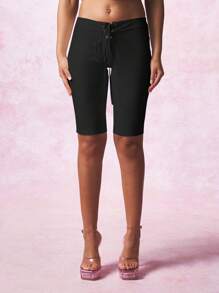 SUMWON WOMEN 高腰系带七分裤夏季节日沙滩装及膝裤装晚会舞会俱乐部 - 黑色 - 查看 1