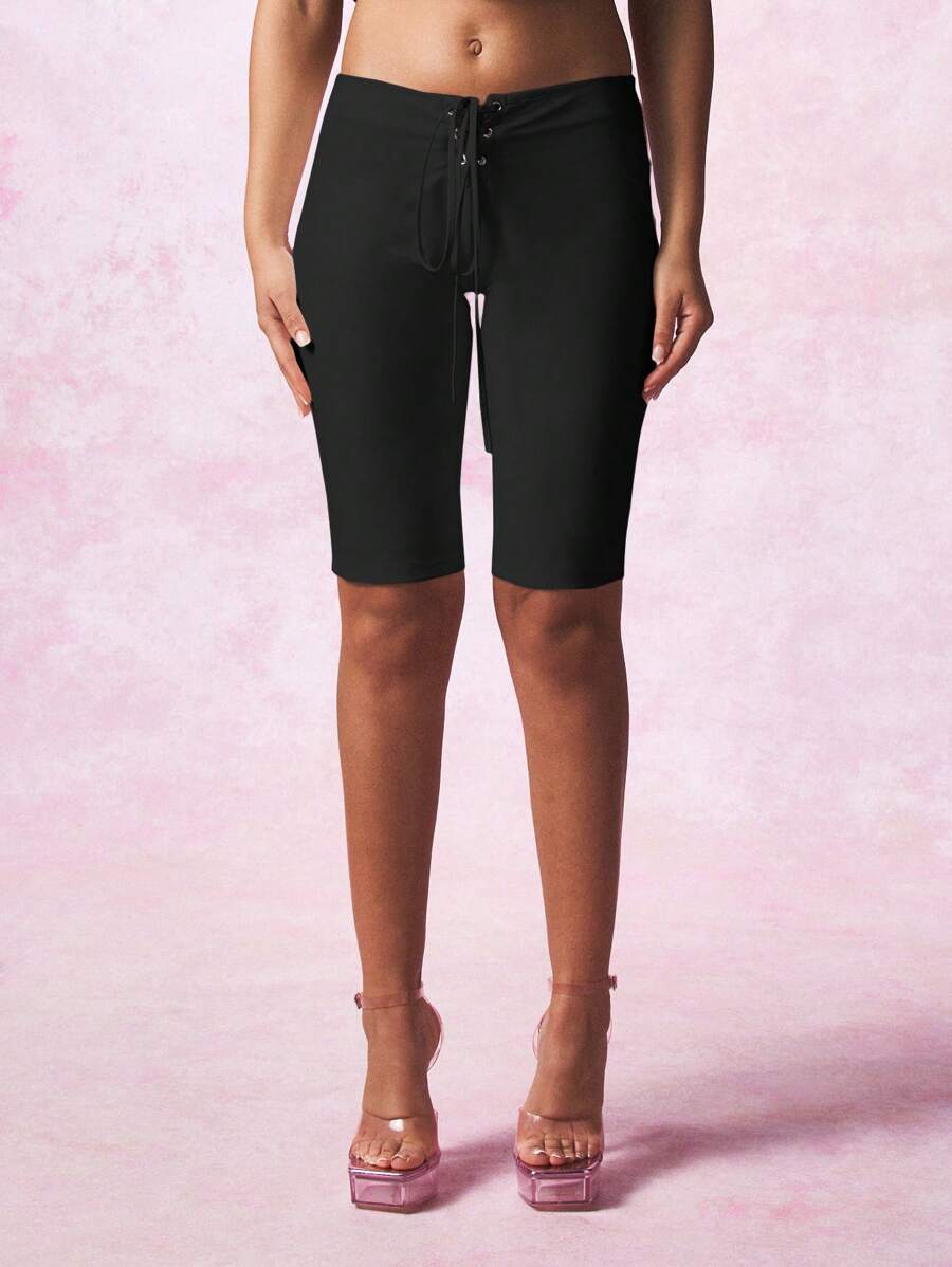 SUMWON WOMEN 高腰系带七分裤夏季节日沙滩装及膝裤装晚会舞会俱乐部 - 黑色 - 查看 1