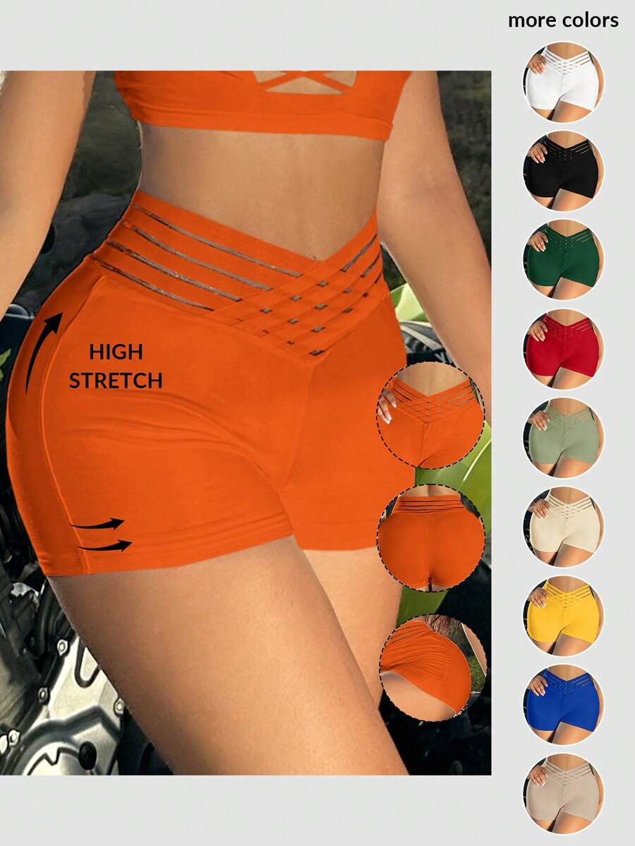 SHEIN SXY 女士纯色不对称腰身休闲百搭日常穿搭紧身短裤 - 橘色 - 查看 1