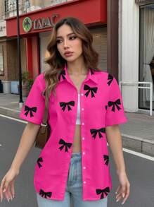 INAWLY 女式蝴蝶结印花单排扣休闲短袖衬衫