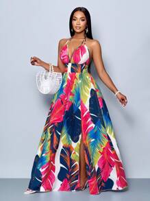 SOLERSUN 女式休闲假日深 V 领露背褶皱开叉大腿长裙，带植物印花