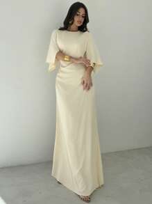 Firerie Đầm dự tiệc, tốt nghiệp, sự kiện trang trọng đơn giản thanh lịch dành cho nữ - Màu vàng nhạt trơn, tay áo choàng, nhún eo, viền xẻ - Vàng nhạt - Xem 6