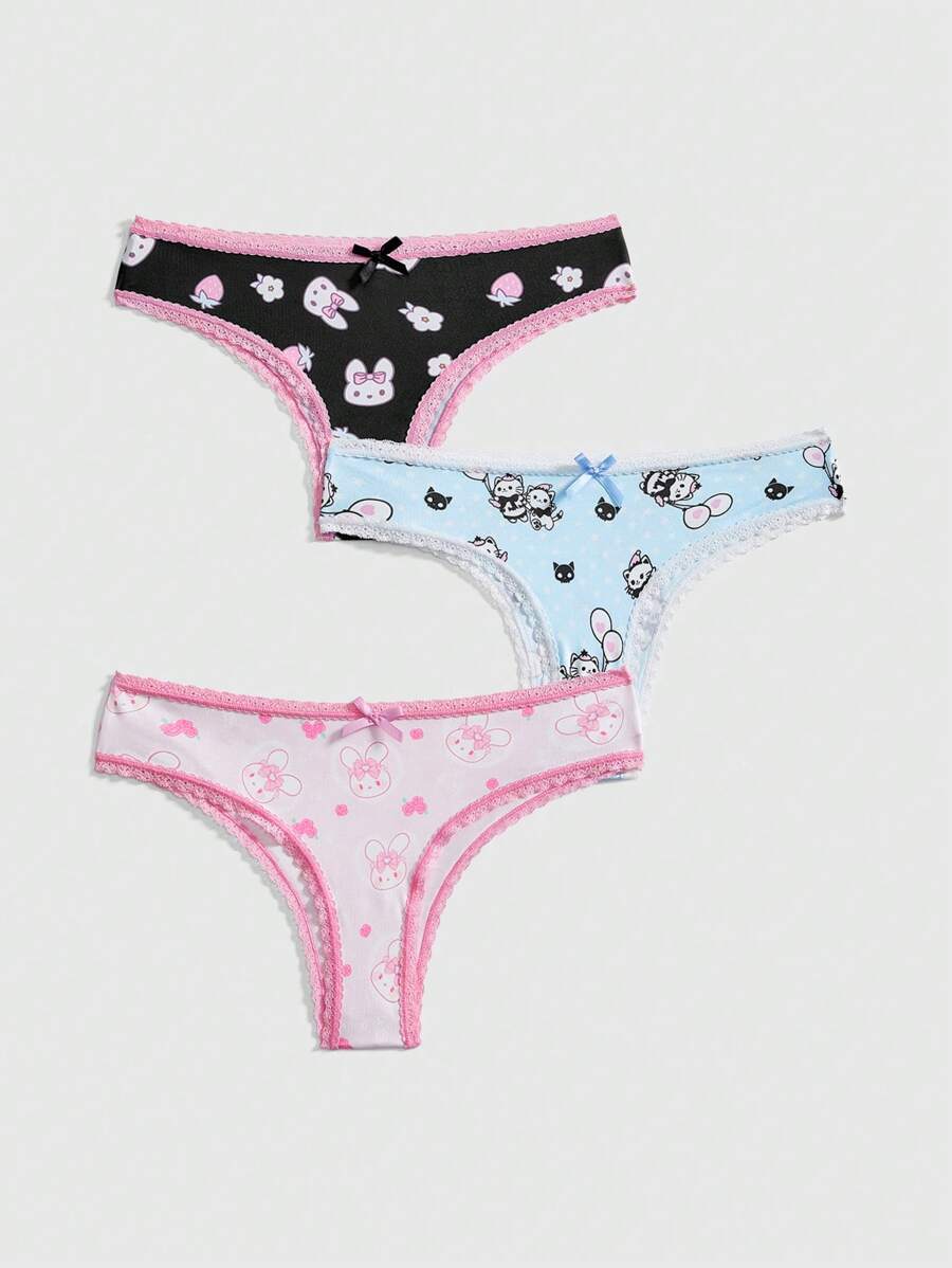 ROMWE Kawaii Set de 3 pantis con encaje y estampado de gatitos y conejos lindos para mujeres