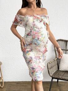 SHEIN Váy bầu lưới thêu hoa 3D thanh lịch, giản dị, mơ mộng - Nhiều màu - Xem 5