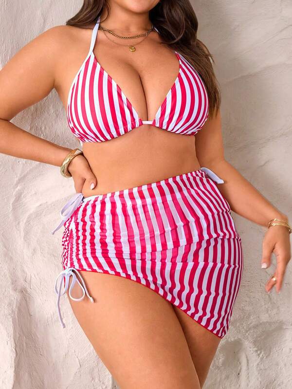 SHEIN Swim Curve 3pcs/Set Plus Size Women Striped Print Fashion Casual Resort Halter Tankini Swimsuit With Skirt Cover Up For Summer Beach Vacation