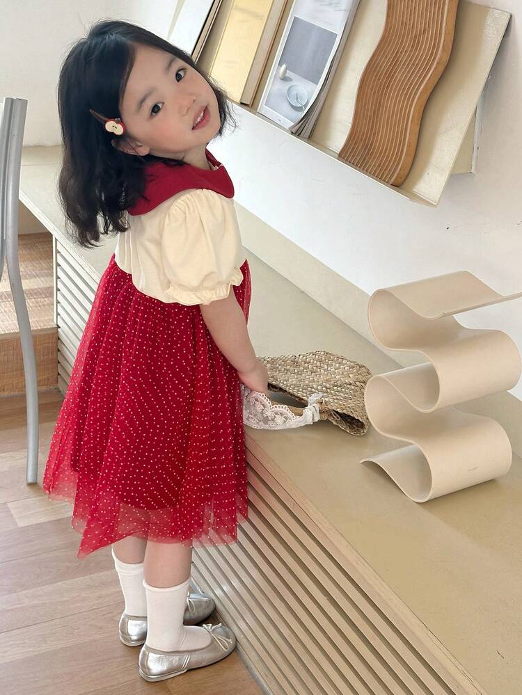 Young Girls Round Neck Mesh Embroidery Color Blocking Birthday Party Summer Short Sleeve Cute Korean Style Dress