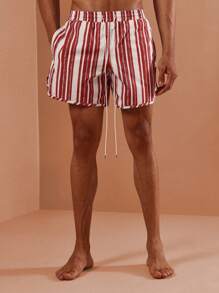SUMWON Sommer Urlaub Strand Shorts gestreifte Badeshorts Lässig Resort Pool Tragen Knie Länge Kordelzug Badeshorts Elastischer Bund Boardshorts - Rot - Übersicht 3