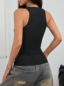 Flirla 夏季女士纯色褶皱性感PU皮革背心 - 黑色 - 查看 2