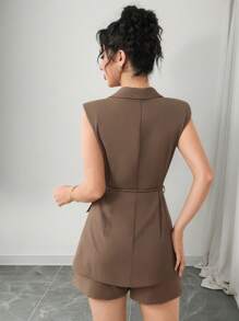 Modelyn 女士休闲无袖薄款西装外套，夏季 - 卡其色 - 查看 3