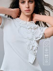 SHEIN LUNE 春夏新款时尚白色针织修身圆领三层荷叶边女式手工花朵上衣