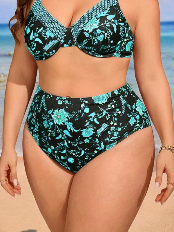 Swim Lushoire Bottom de bikini para mujer de talla grande con estampado floral y cintura alta de moda simple