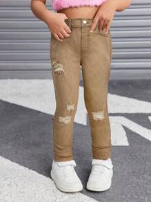 SHEIN Denim Stretch Denim Desgastados Denim para Meninas Jovens, Roupas Legais de Outono e Inverno para Meninas no Dia de Ação de Graças - Damasco - Visão 5