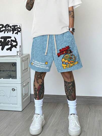 Street Life Pantalones cortos de verano casuales para hombres con cordón en la cintura y gráfico con eslogan