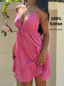 SHEIN EZwear Váy dệt cổ chữ V không tay, mùa hè - Màu Hồng Tươi - Xem 1