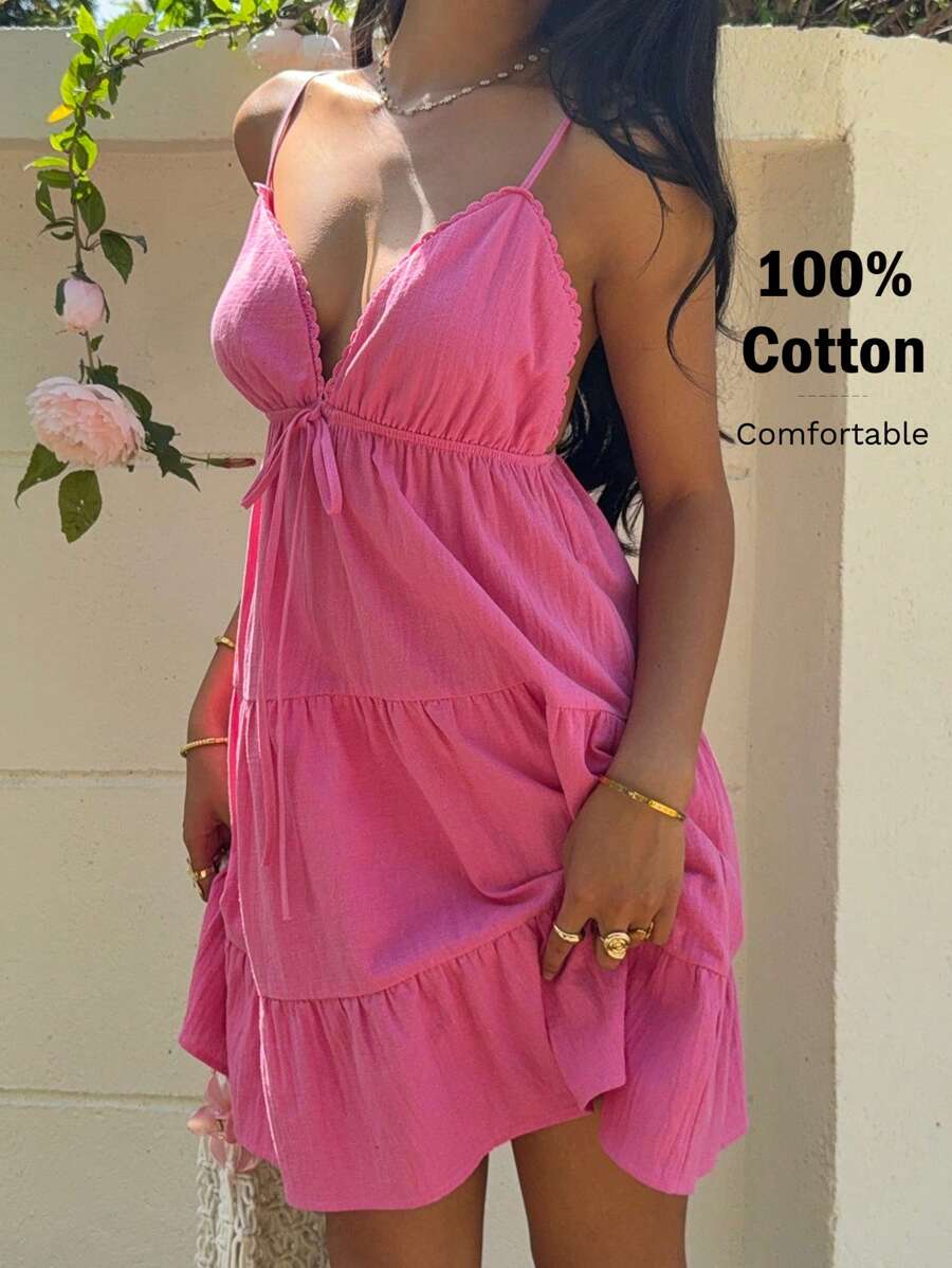 SHEIN EZwear Váy dệt cổ chữ V không tay, mùa hè - Màu Hồng Tươi - Xem 1