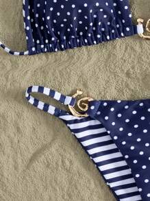 Swim Vcay 新款女式波尔卡圆点印花金属装饰系带条纹时尚性感比基尼两件套泳衣 - 彩色 - 查看 6