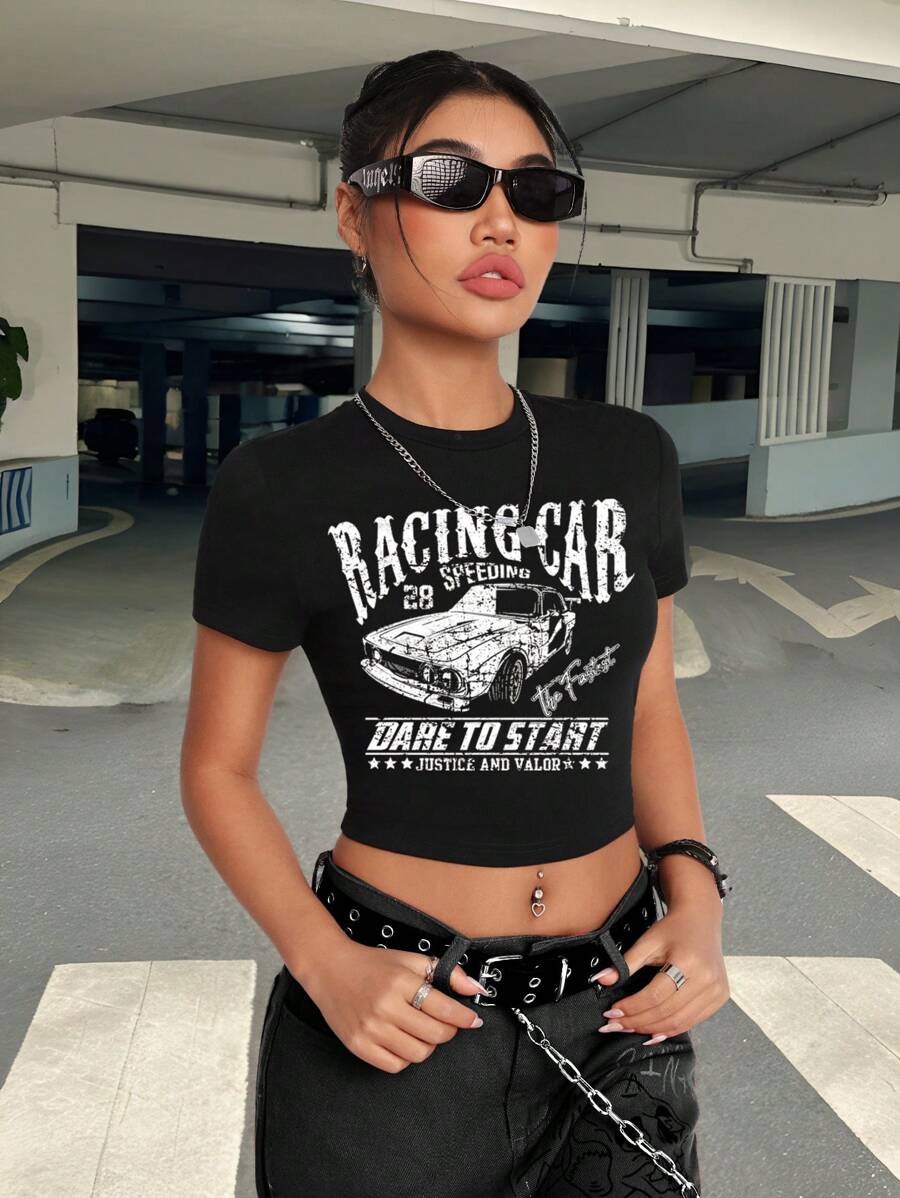 SHEIN EZwear 休闲口号和汽车图案圆领短袖修身女式 T 恤，适合夏季 - 黑色 - 查看 1