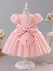 SHEIN 年轻女孩圆领荷叶边袖刺绣后背蝴蝶结设计欧根纱连衣裙，适合钢琴演奏会、宴会、T台、婚礼、生日派对